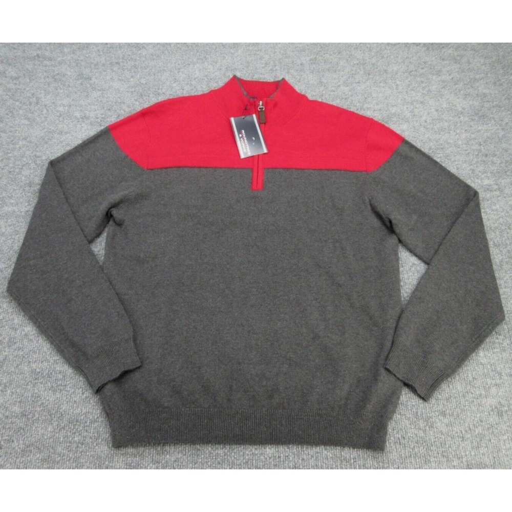 Roundtree & Yorke Mens Sweater NWT Regular Grey Red Color Block Quarter Zip M